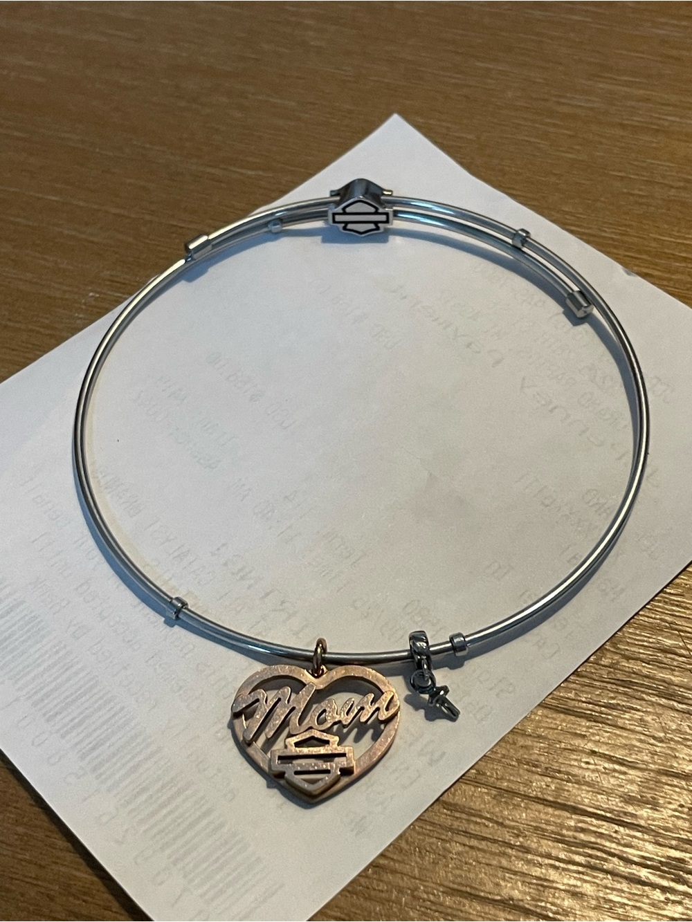 Harley-Davidson Silver and Rose Gold Mom Heart Charm Bracelet